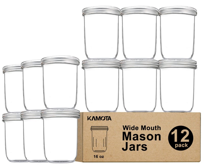 KAMOTA Wide Mouth Mason Jars 16 oz With Regular Lids and Bands, Ideal for Jam, Honey, Wedding Favors, Shower Favors, Baby Foods, DIY Spice Jars, 12 PACK, 12 Silver Pipette Covers Included - Image 1